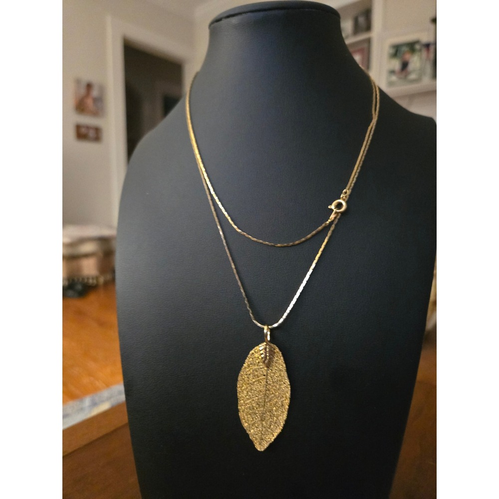 Gold Dipped Filagree Real Leaf Necklace Vintage Signed G Silver